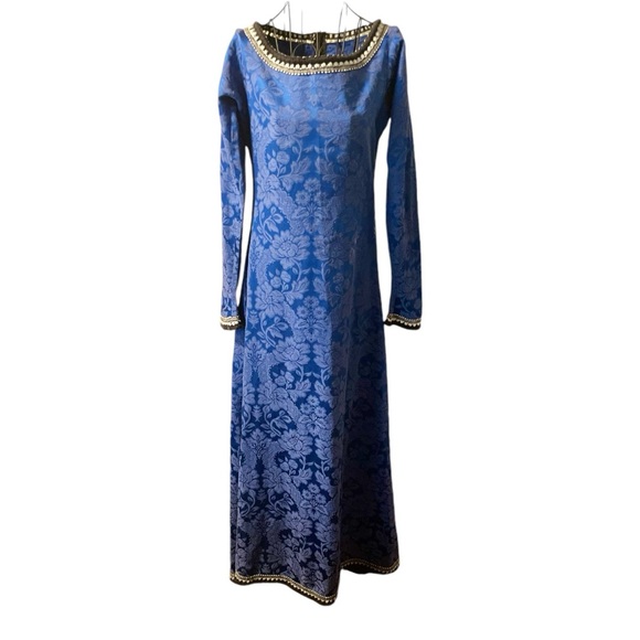 💙 Vtg Blue Brocade Victorian Maxi Gown Gown | S - Picture 3 of 11
